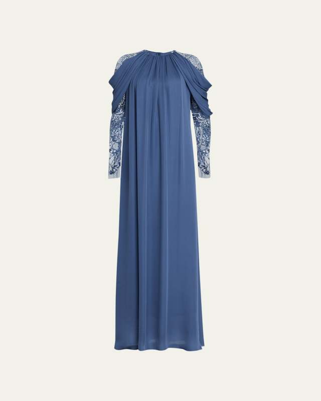 Embroidered Tulle Sleeve Silk Caftan